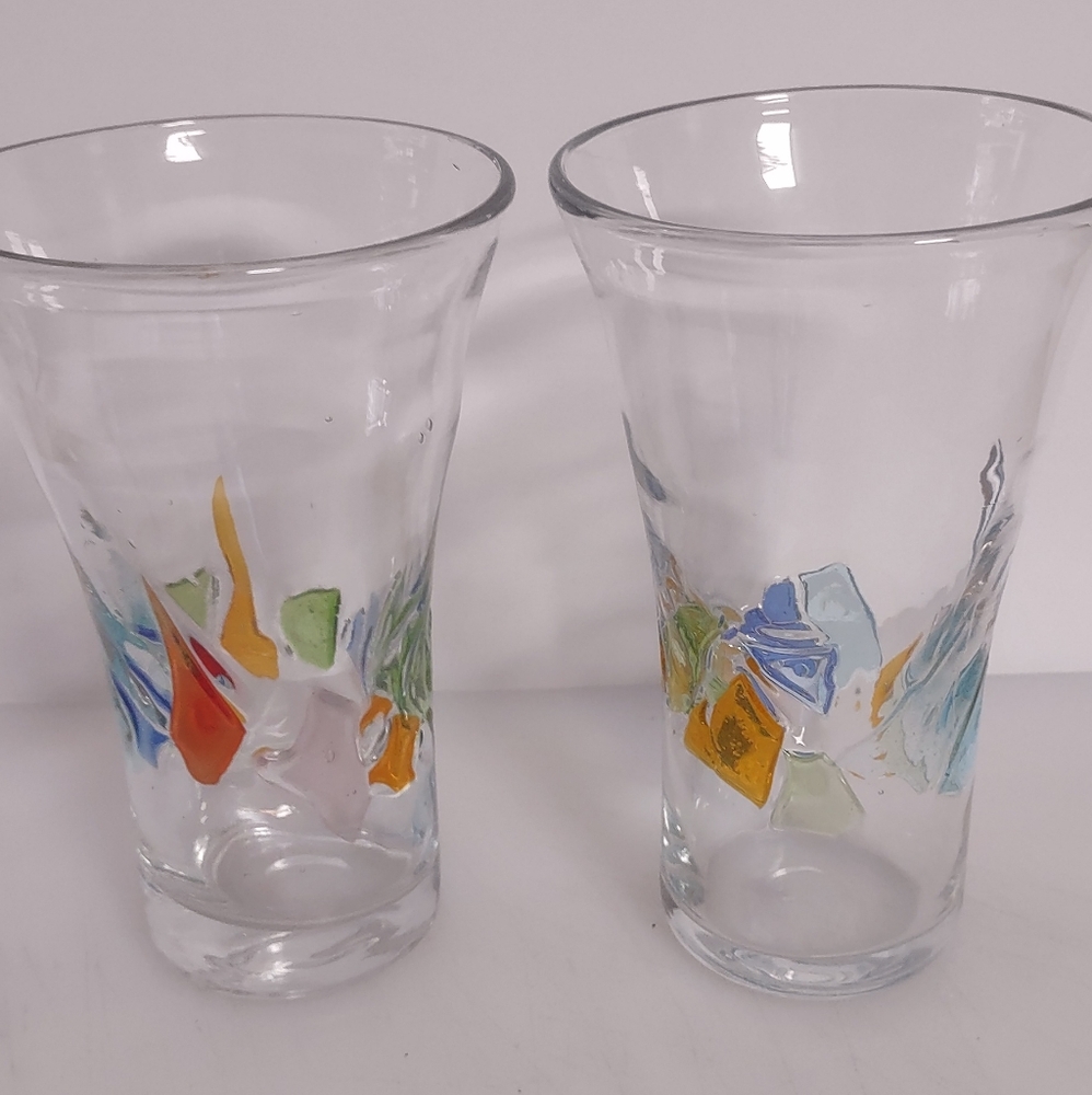 Set of 2 Colorful Hand-Painted Confetti Art Glass Tumblers Drinking Glasses